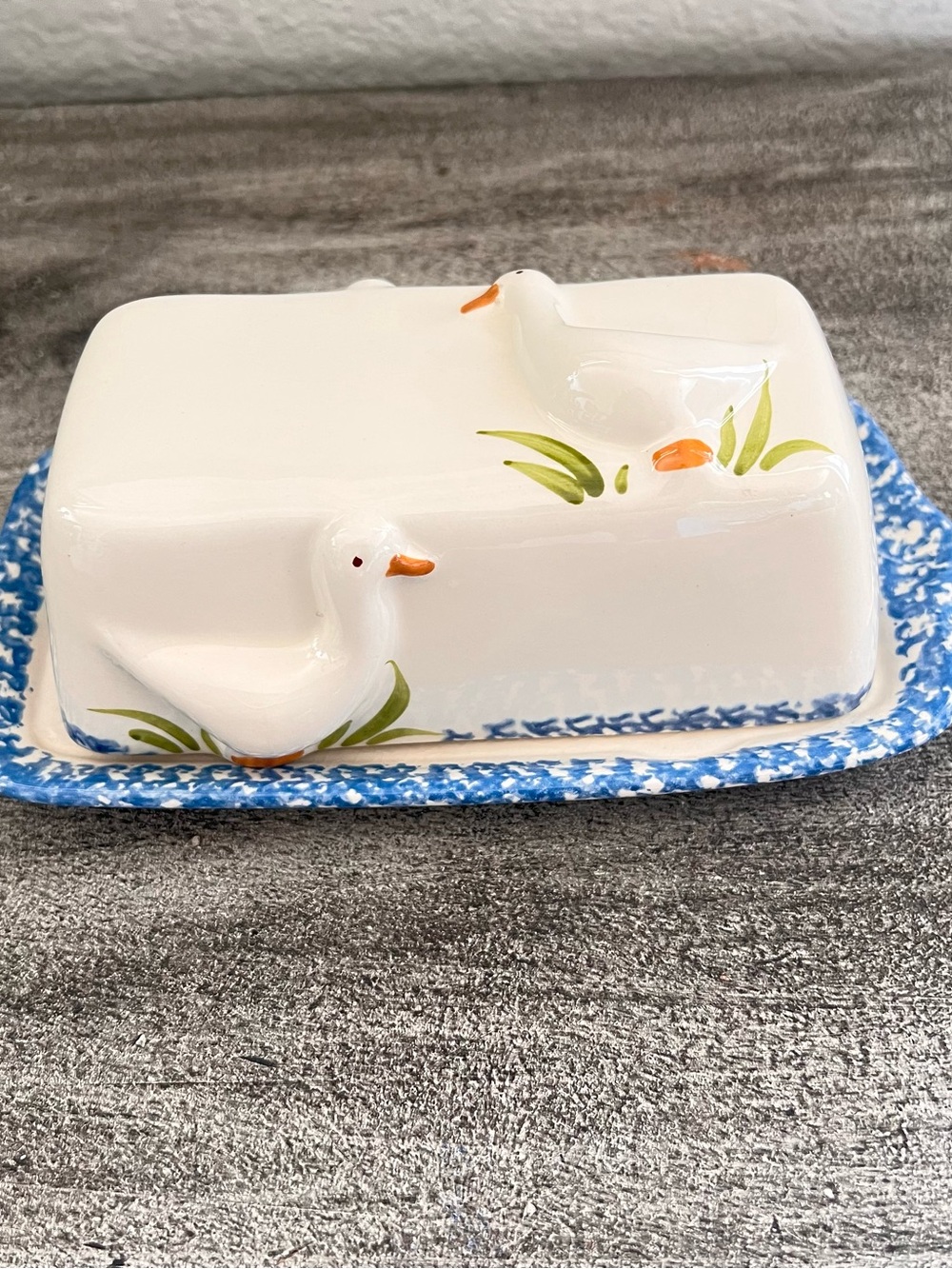 Vintage ceramic covered butter dish molded white duck goose